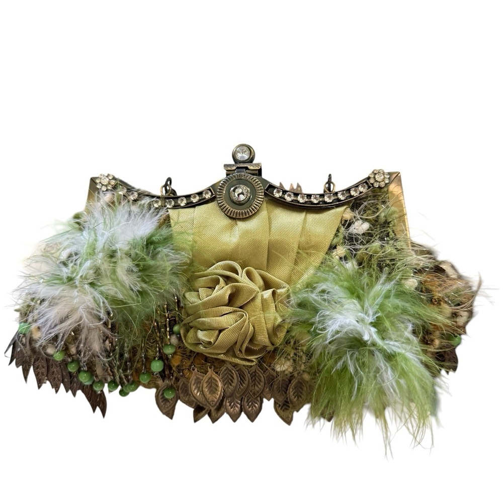 Green Feather Beaded Dark Fairy Boho Art Deco Clutch Metallic Purse w/strap READ - Picture 14 of 14